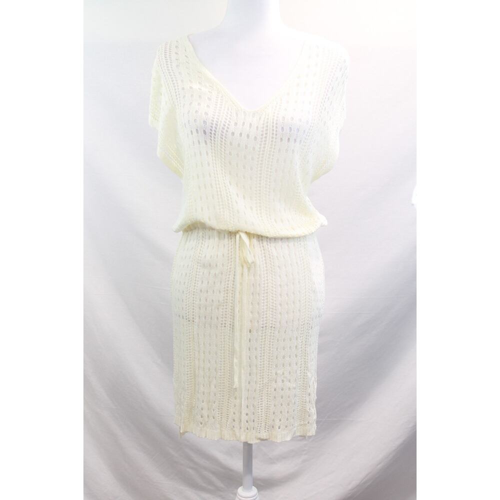Womens Open Knit Cover-Up Beach Dress size M Cream Drawstring Side Slit Pullover